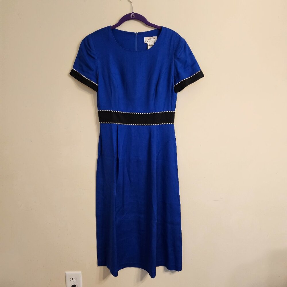 Vintage Women's Talbots Petites Rayon Linen Dress Blue Black Size 4P Made in USA
